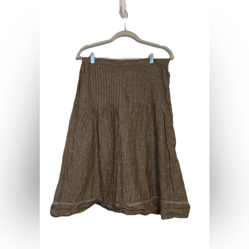 EDDIE BAUER Women Size 4 Brown 100% Linen Pin Tuck Skirt Fit Flare Knee Length